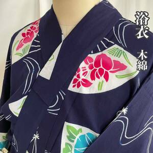 【Wellriver】 美品！浴衣 扇面 朝顔 花菖蒲 型染め 木綿 和装 和服 #C800.