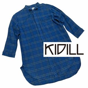 KIDILL キディル■レイヤー ウイングカラー ロング丈 チェック ネルシャツ 44 S ブルー スタンドカラー 七分袖 フライフロント 男女兼用