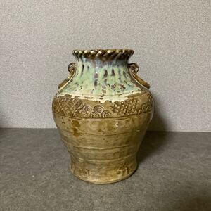 笑樂　在銘 耳付　花器 花瓶 花入 壺　傷無し　骨董品　古美術品　アンティーク　1000円〜