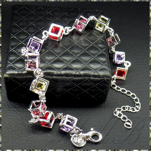 [BRACELET] 925 Sterling Silver Plated Cube in CZ キューブ イン マルチカラー クリスタルCZ リンク チェーン シルバー ブレスレット