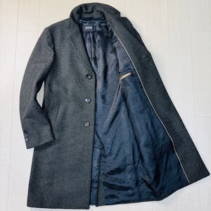 ほぼ未使用/46 M相当★ヒューゴボス/HUGO BOSS メランジツイード 厚手ウール チェスター コート ジャケット ロゴ総柄 メンズ 黒系