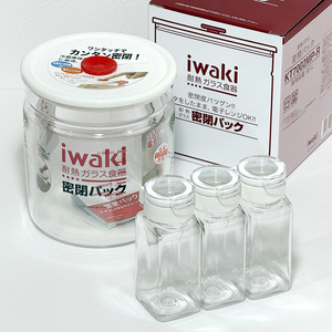 未使用★IWAKIイワキ密閉パック耐熱ガラス保存容器1L／フレッシュロック スパイスボトル調味料入れ110ml 3個 [1穴×1・5穴×2]