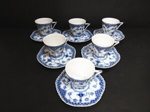 ア747△ ROYAL COPENHAGEN / ロイヤルコペンハーゲン / ブルーフルーテッド / フルレース / 顔付 / カップ＆ソーサー / 計6客 / 超美品