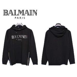 BALMAIN バルマン 8296 薄手 パーカー プルオーバー 長袖 L メンズ ブラック 黒 ロゴ シルバー プレゼント カジュアル オシャレ