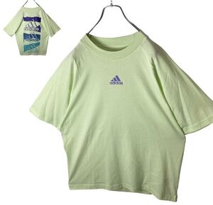 グッドデザイン古着！adidasでかロゴTシャツペールグリーンゆったりサイズ