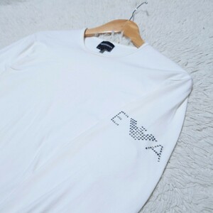 【1円〜】希少なLサイズ エンポリオアルマーニ EMPORIO ARMANI 長袖Tシャツ ロンT ラインストーンロゴ ホワイト バッグロゴ