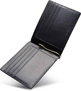 ブラック マネークリップ メンズ 二つ折り 財布 カード 小銭入れ カードケース 本革 ルスリール ブラック