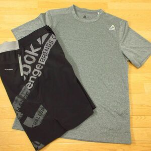 ◎美品！L 上下セット！Reebok リーボック◆ジャージ / 半袖 Tシャツ&サーフパンツ ドライ 速乾◆メンズ グレーx黒◆B4543