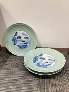 青磁 大皿 3枚セット 44.5cm 陶器 焼物 風景 和風 趣味 コレクション