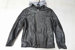 ZARA/ザラ/ジュニア/フェイクレザー中綿入ブルゾン/ジャンパー/アウター/パーカレイヤード/合成皮革/黒/ブラック/11-12YERAS(10/24R6)