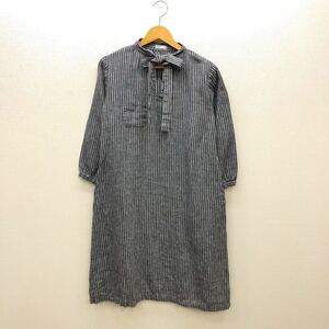 【て062】fog linen work ストライプ柄リネンワンピース ネイビー 9分袖 膝丈 ボウタイ付き 麻100% レディースブランド古着 送料無料