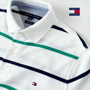 トミーヒルフィガーTOMMY HILFIGER ボーダー柄 ポロシャツ SP (日本M) ホワイト グリーン ネイビー 半袖 鹿の子 シャツ