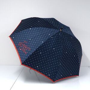 耐風傘 LANVIN en Bleu ランバンオンブルー USED品 ネイビーｘレッド ドット ロゴ アイコン ジャンプ グラス骨 風に強い 60cm A1678