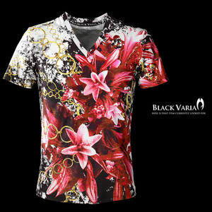 9#bv07-re BLACK VARIA 百合 花 リングチェーン柄 プレミアム Vネック 半袖Tシャツ メンズ(レッド赤) 3L 日本製 吸水速乾＆2wayストレッチ