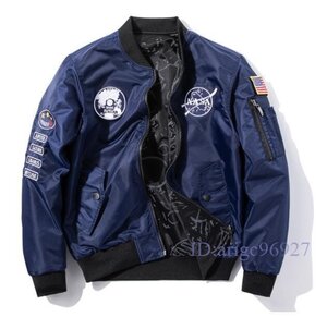 R842☆新品春夏フライトジャケット メンズスタジャン 両面着 ワッペン 紳士 野球服ゆったり ブルゾン アウトドア アメカジ ブルー