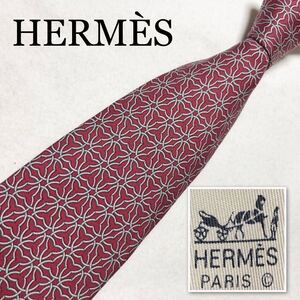 HERMES エルメス　ネクタイ　金具　網目状　総柄　シルク100% フランス製　ボルドー　ビジネス