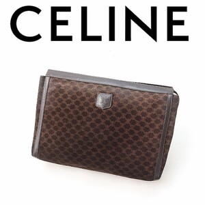 ヴィンテージ◆CELINE オールド セリーヌ スエード×レザー マカダム柄 セカンド クラッチ バッグ ポーチ ダークブラウン