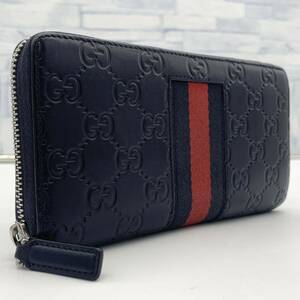 極美品●GUCCI グッチ メンズ ビジネス 長財布 ラウンドファスナー ジップ シェリーライン シマレザー 本革 ウォレット 1円 GG柄 ネイビー