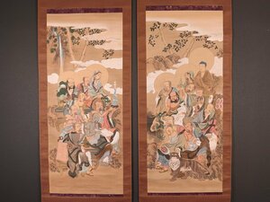 【伝来】cj5700 仏画 双幅 釈迦十六羅漢図 中国画