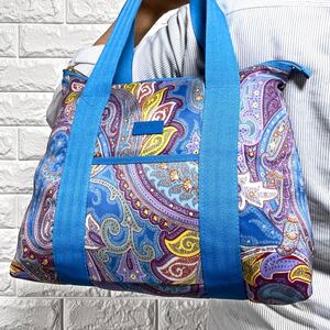 美品/A4収納◎ エトロ ETRO メンズ トートバッグ 肩掛け ペイズリー 総柄 ロゴプレート金具 ブルー 青 希少カラー◎ 入手困難◎