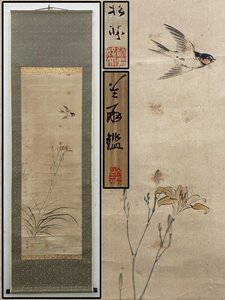 真作保証 藤井松山 燕図 園木冬扇識箱 紙本 備後 掛軸 書画 骨董品 美術品 6428nczN