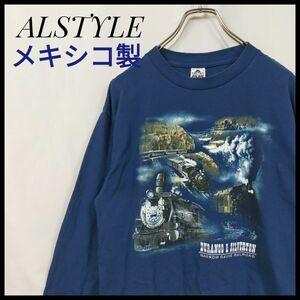 アルスタイル　長袖Ｔシャツ　メキシコ製　蒸気機関車　鉄道　ＳＬ　デカロゴ　群青色