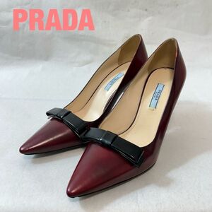 L0096★6 高級 PRADA プラダ レディース レザー リボン ロゴ ポインテッドトゥ ヒール パンプス シューズ 靴 革靴 ワインレッド 38size