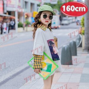 kids タータンチェック シャツ重ね着風 トップス 【160cm】ホワイト 女の子 ロンT 学生 秋服 長袖 K-418bk