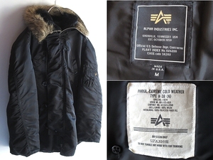 希少 USA製 ALPHA INDUSTRIES アルファ N-3B フライトジャケット エコダウンジャケット ファー モッズコート M ブラック 黒