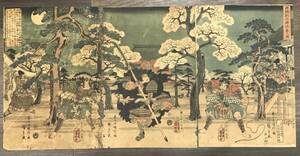 EK0523-04◆木版画 広重 国芳 合筆 源頼朝大佛供養之図 三枚続 東大寺 武者絵 錦絵 浮世絵 真作 破れあり 1枚約25.5×37.2cm