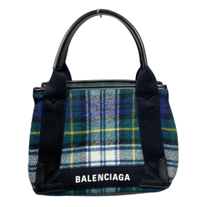 BALENCIAGA バレンシアガ ネイビーカバ XS ハンドバッグ ミニバッグ ポーチ付き ロゴ ウール レザー チェック柄 グリーン ブルー ブラック