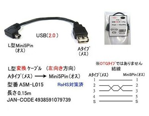 USB2.0 L型 変換ケーブル タイプA メス → Mini5Pin オス L型 左方向 15cm UC-A5M-L015