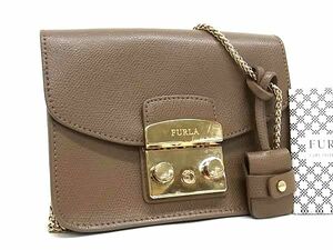 1円 ■美品■ FURLA フルラ メトロポリス レザー チェーン クロスボディ ショルダーバッグ 斜め掛け レディース グレージュ系 BI6504