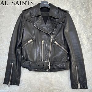 ALLSAINTS オールセインツ　ダブルライダース　本革　ロゴ刻印ジップ　S ラムレザー　羊革　レザージャケット