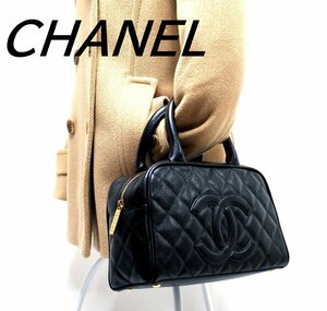 【美品】　CHANEL　シャネル　マトラッセ ミニボストンバッグ デカココマーク ヴィンテージ ハンドバッグ キャビアスキン シール有