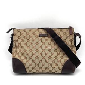 1円 GUCCI グッチ GGキャンバス レザー ブラウン ショルダーバッグ メッセンジャー クロスボディ 114273