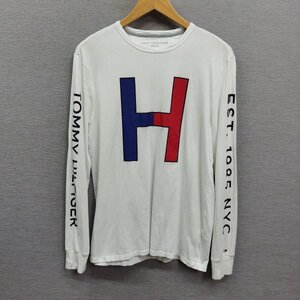 I848 TOMMY HILFIGER トミーヒルフィガー ロンT 長袖 カットソー ビッグ プリント 袖プリ クルーネック コットン ホワイト M メンズ