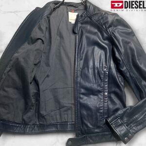 希少色/L相当●DIESEL ディーゼル シングル ライダース ジャケット ラムレザー ブルゾン ロゴプレート ネイビー 紺色 羊革 メンズ