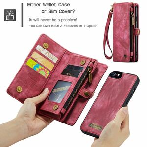 iPhone SE2 レザーケース iPhone SE3アイフォン7 レザーケース iPhone7/8 カバー　手帳型 カード収納 ファスナー付き　財布型　red