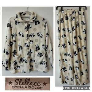 U■Stellace ステラチェ レディース ルームウェア M-Lサイズ 白×黒 セットアップ パジャマ 部屋着 ふわふわ パンダ 総柄 ウエストゴム