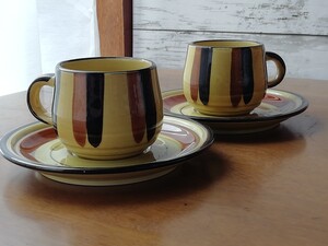 昭和レトロ 珈琲 カップ&ソーサー 2客 セット カフェ 喫茶 ストライプ ミッドセンチュリー antique Coffee cup 送料込み