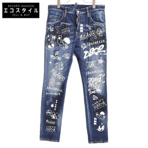 国内正規/22年製 DSQUARED2ディースクエアード S74LB1099 DARK GRAFFITI WASH SKATER ダメージ加工 ボタンフライ デニムパンツ44 メンズ