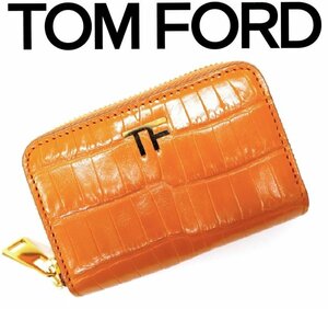 33万新品◆TOMFORD トムフォード アリゲーター・カーフレザー ラウンドジップコインケース オレンジ橙 1円