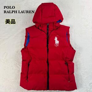 美品 POLO RALPH LAUREN ポロラルフローレン ビッグポニー フーテッド ダウンベスト レッド M