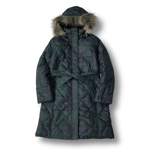 《良品◎》EDDIE BAUER エディーバウアー★フード/ファー着脱*チェック*ロングダウンジャケット*モスグリーン*サイズXSP(LW1932)◆S80