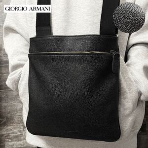 美品/近年モデル! ●GIORGIO ARMANI ジョルジオアルマーニ メンズ ビジネス ショルダーバッグ ボディ レザー シボ革 斜め掛け ブラック