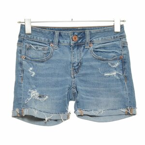 ◇396634 AMERICAN EAGLE アメリカンイーグル ショートダメージジーンズ デニムパンツ サイズ0（US） レディース インディゴブルー