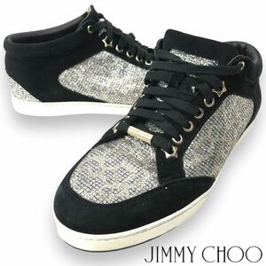 r55 良品 JIMMY CHOO ジミーチュウ ラメ レザー スニーカー レオパード ブラック シルバー ハイカット シューズ 37 イタリア製 正規品