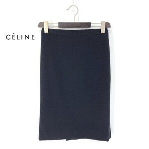 A6519/極美品 春夏 CELINE セリーヌ ウール 無地 タイト スリム ペンシル ミモレ丈 膝丈 スカート 40 黒/フランス製 レディース スーツ用