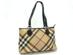 1円 BURBERRY バーバリー PVC×レザー チェック柄 トートバッグ ショルダー 肩掛け レディース ベージュ系×ブラック系 FI2225